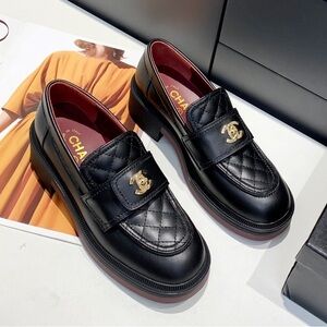 Chanel Women’s Black Quilted Leather Loafers with Gold CC Logo
